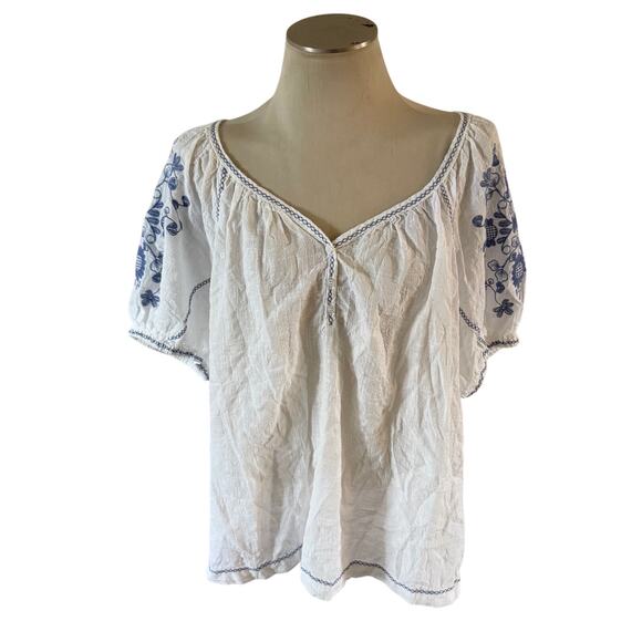 Max Studio Tops - White Blue Embroidered Gauzy Flowy Blouse Plus Size 2X Boho Artsy